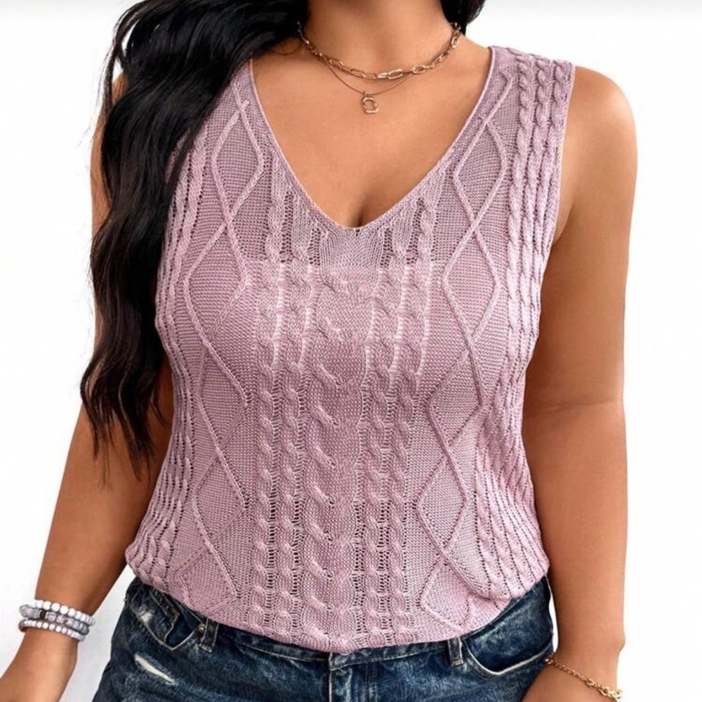 Cable Knitted V-Neck Sleeveless Cardigan Sweater